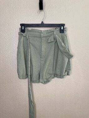 Forever 21 Womens Sage Green Linen High-Waist Tie Shorts small belted summer